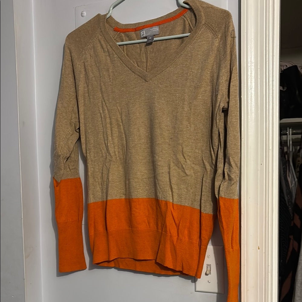 Tan and Orange V-Neck Sweater